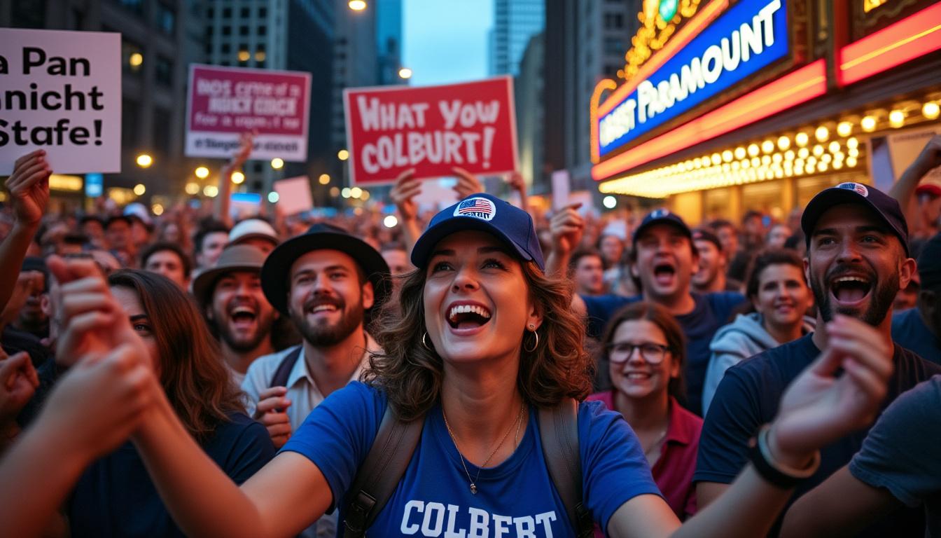 supporters of stephen colbert gather at paramount to advocate for the return of the beloved late-night show host, showcasing their passion and commitment to bringing back the iconic comedian to the stage.