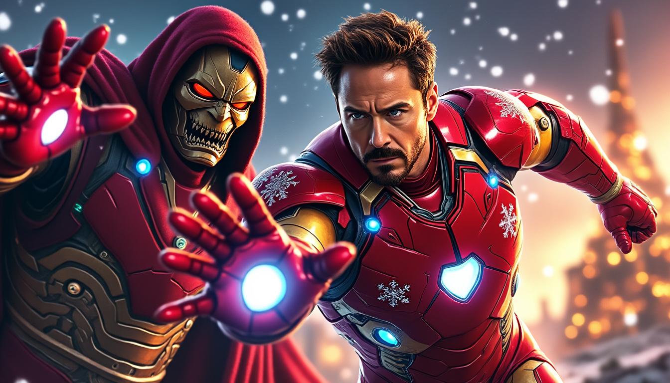 Robert Downey Jr. dévoile une œuvre d'art festive d'Iron Man & Doctor Doom pour la saison des fêtes 1 discover robert downey jr.'s exclusive festive artwork featuring iron man and doctor doom, celebrating the holiday season with a unique blend of heroism and holiday spirit.